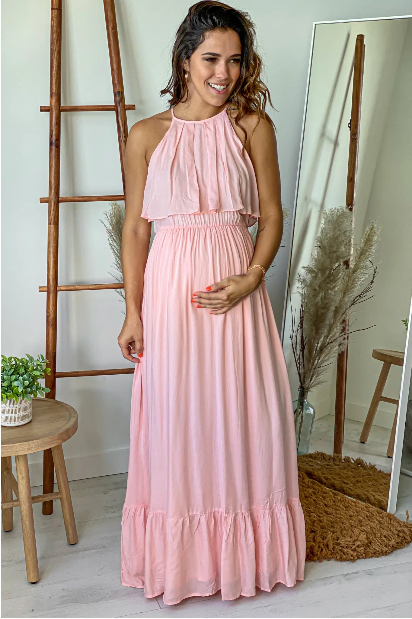 Pink Ruffled Top Maternity Maxi Dress