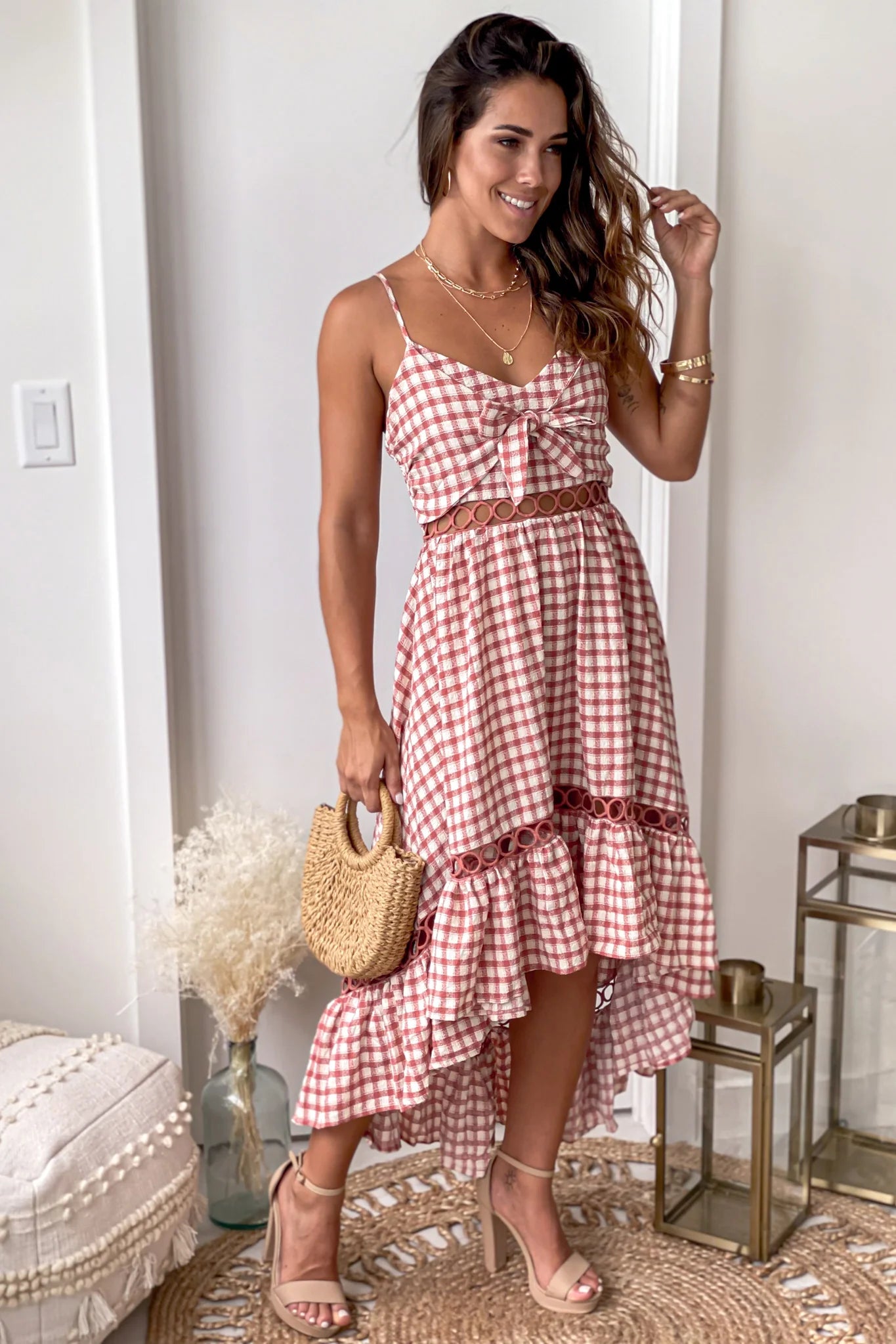 Brick Plaid Front Tie High Low Dress