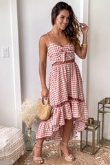 Brick Plaid Front Tie High Low Dress