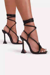 Square Open Toe Tie Up Ankle Strap Stiletto Heels