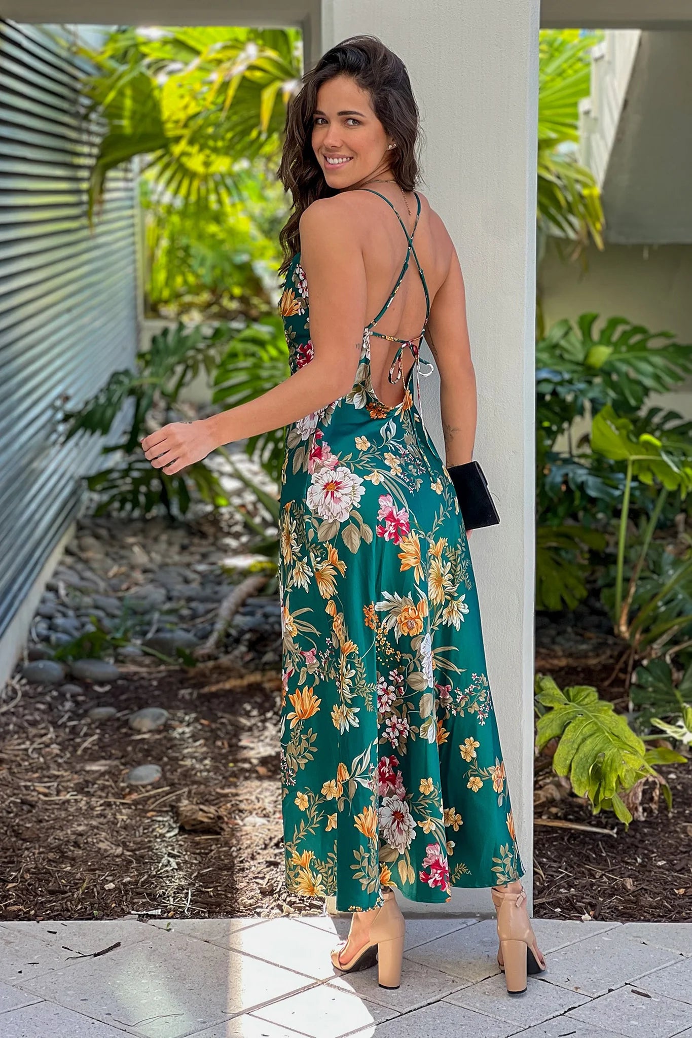 Emerald Floral Satin Dress With Slit