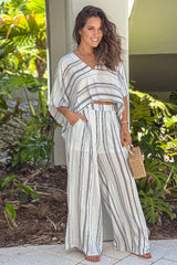 Off White Striped Top And Pants Set
