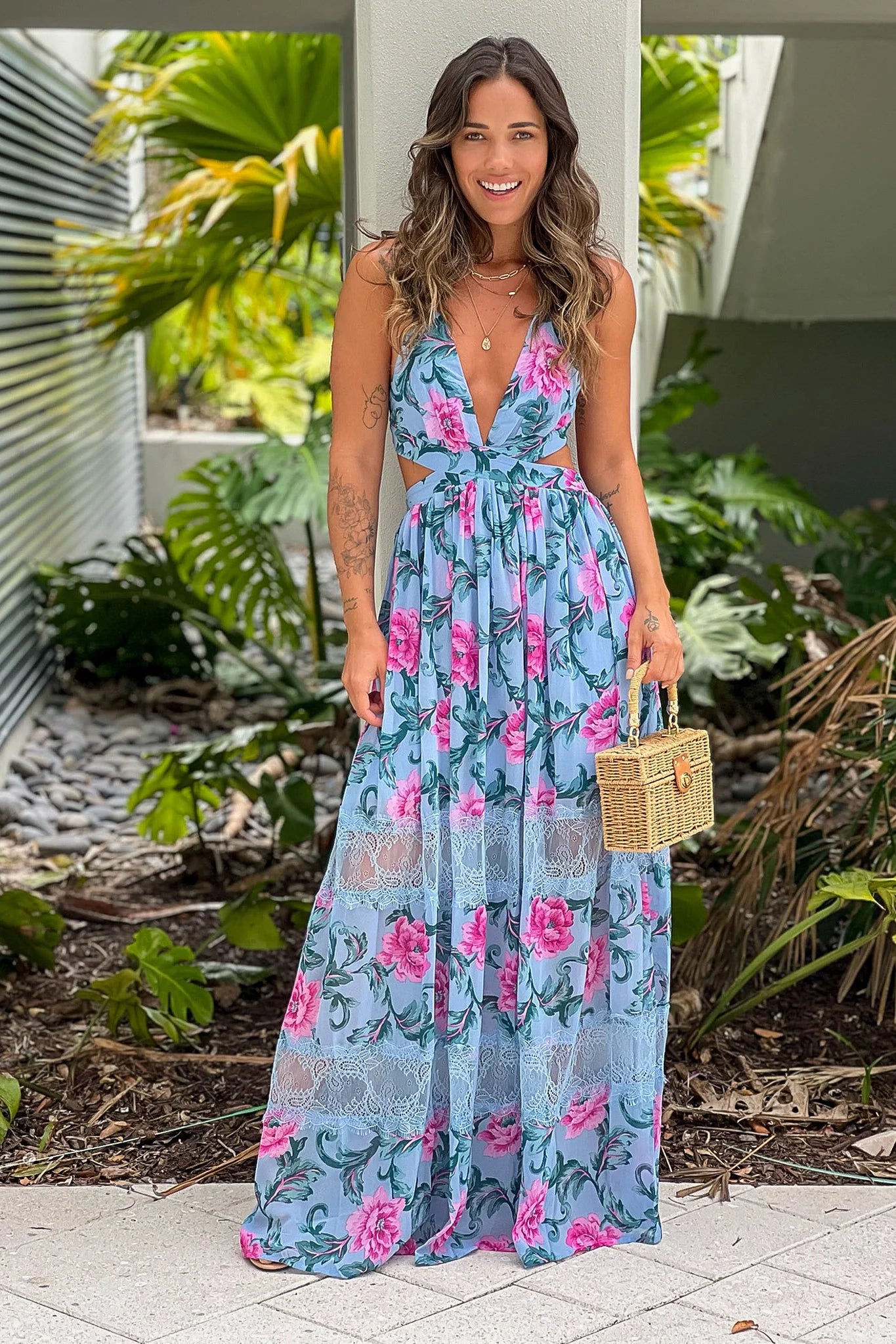 Blue Floral Maxi Dress With Cut Out And Lace Detail