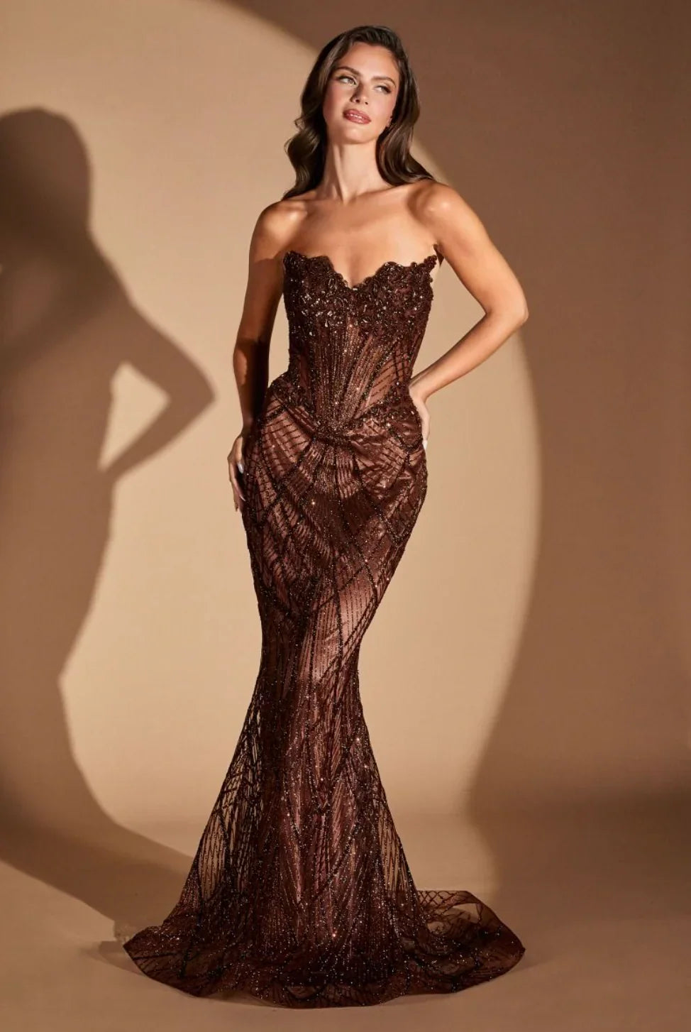 GEMINI GOWN BEADED SEQUIN FITTED STRAPLESS GOWN