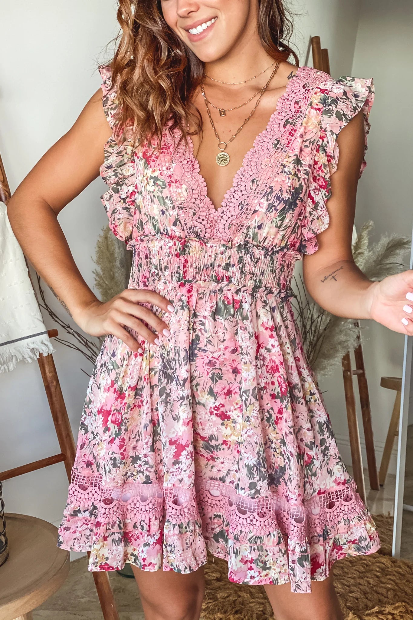 Pink Floral Print Ruffle Short Dress