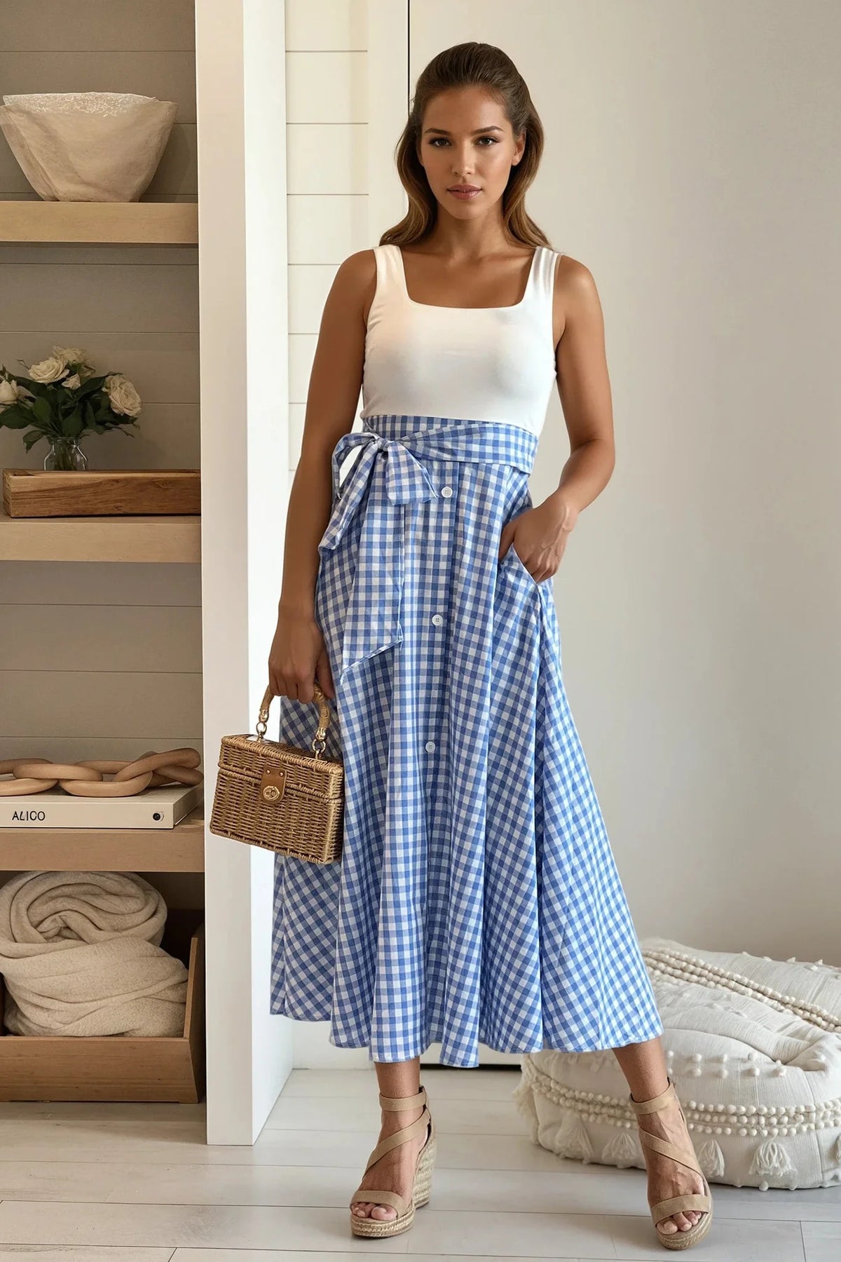 White And Blue Plaid Midi Dress With Pockets