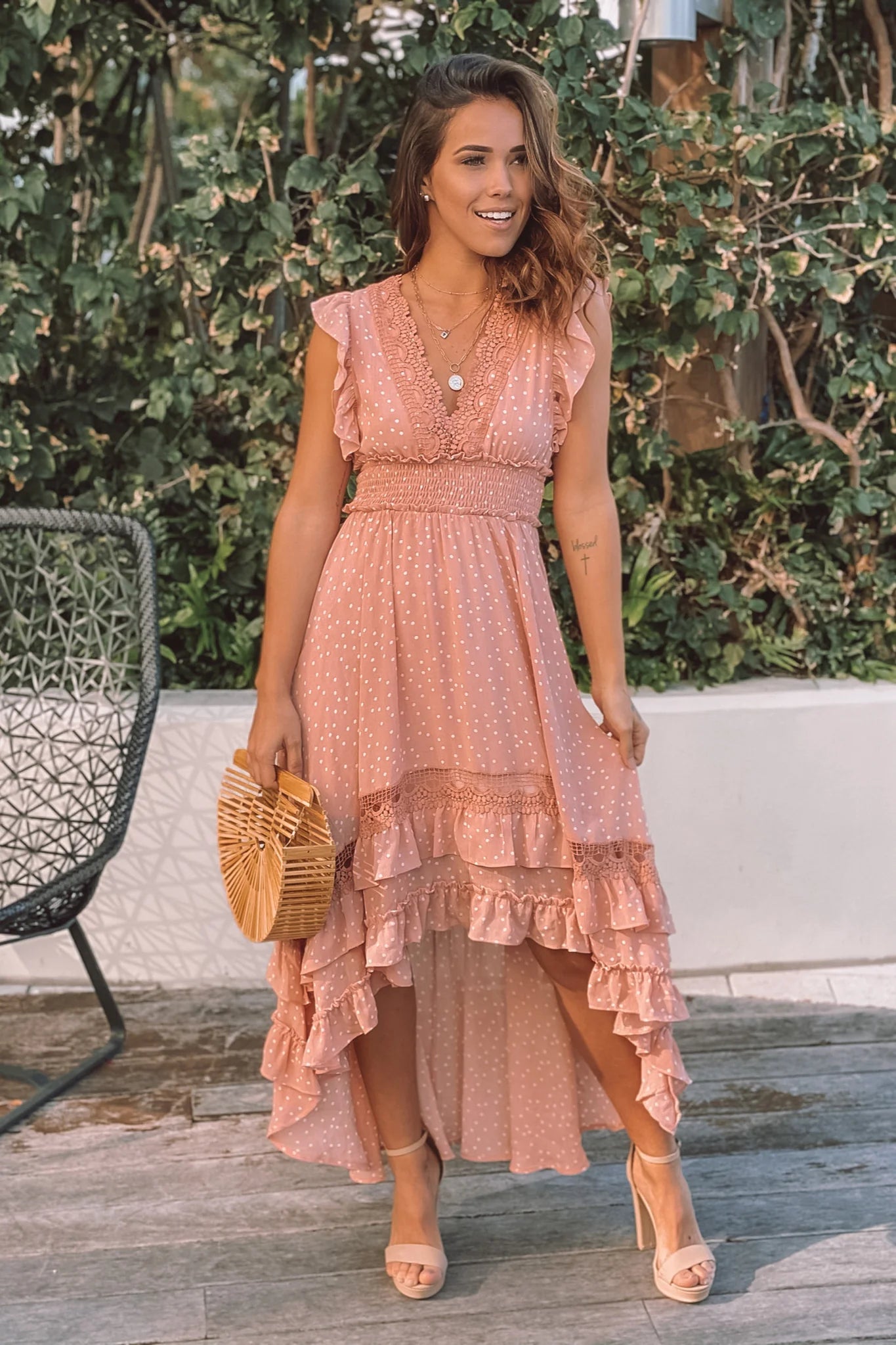 Blush Polka Dot High Low Dress with Ruffles