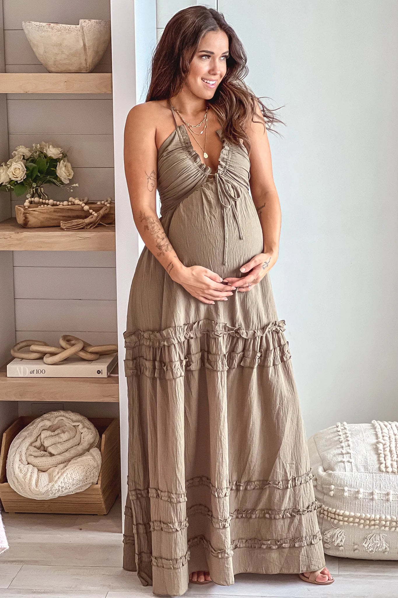 Olive Maternity V Neck Maxi Dress