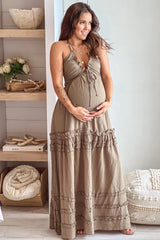 Olive Maternity V Neck Maxi Dress