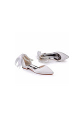 Satin Beaded Ribbon Low Heels Bridal Shoes