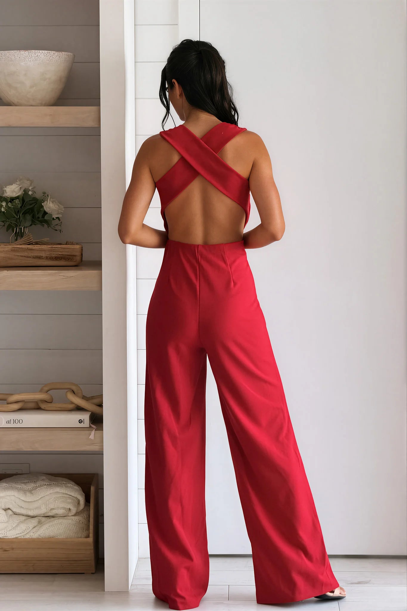 Red Criss Cross Back Wide Leg Jumpsuit