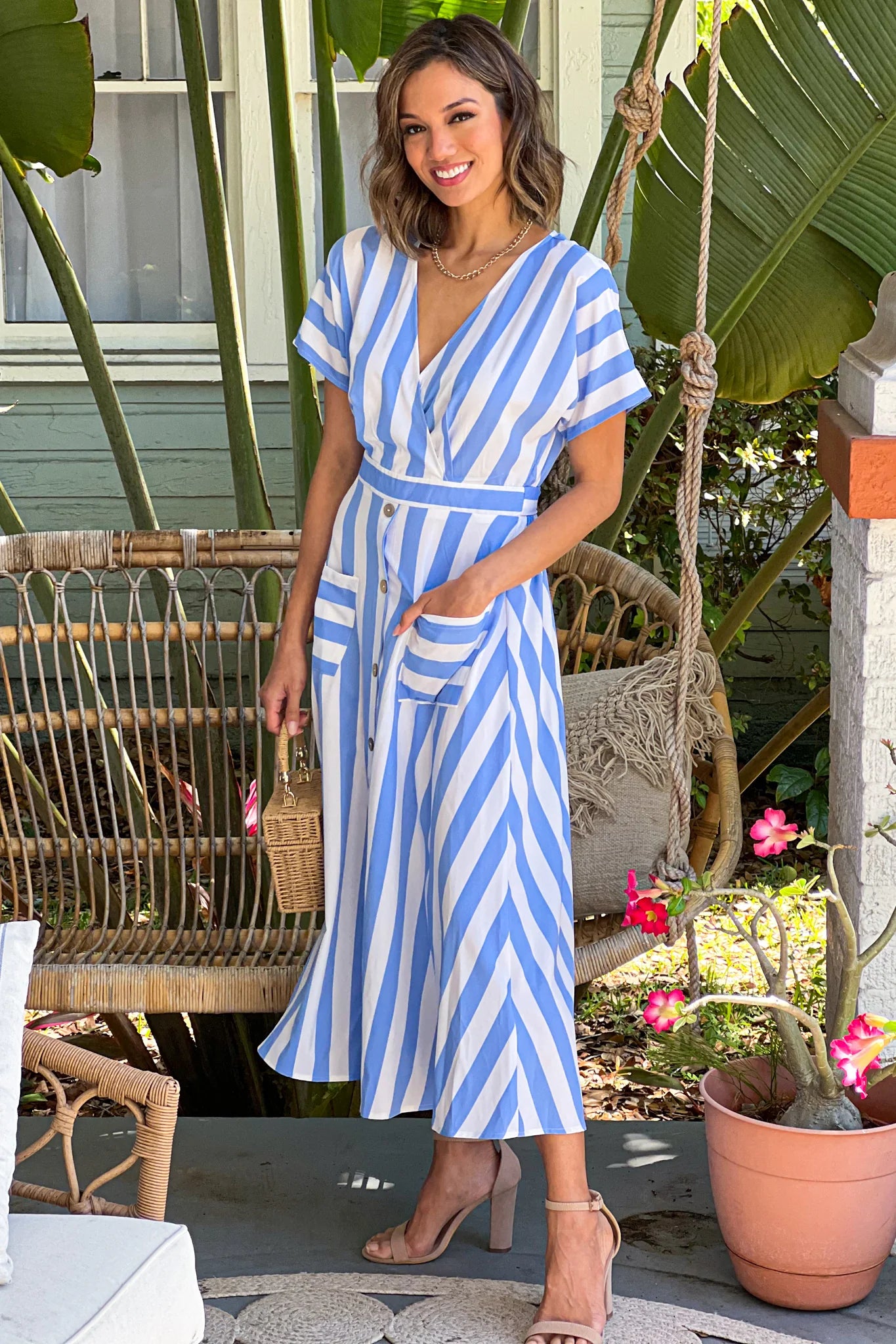 Blue Striped Midi Dress With Button Detail