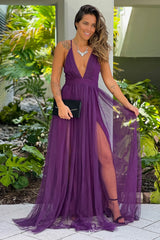Eggplant V Neck Tulle Maxi Dress with Criss Cross Back