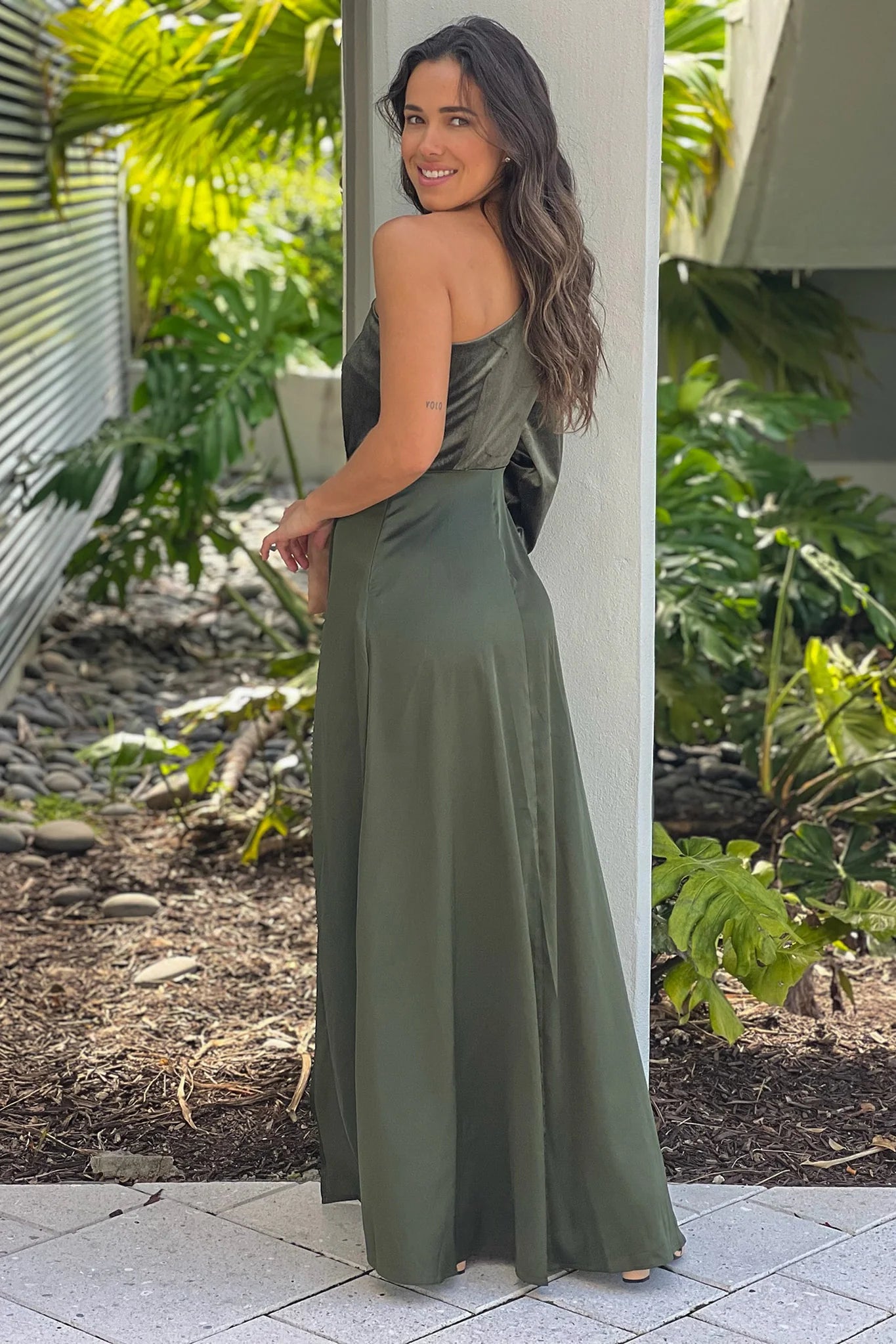 Olive One Shoulder Velvet Maxi Dress