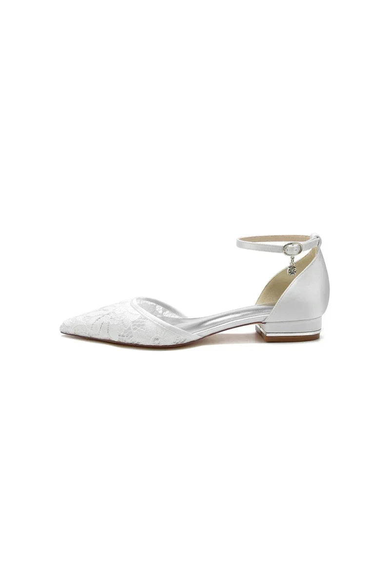 Lace Pointed Toe Ankle Strap Kitten Heels
