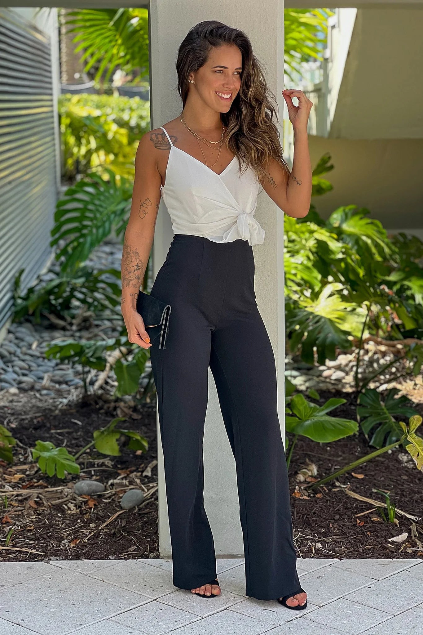 Off White And Black Front Tie Jumpsuit