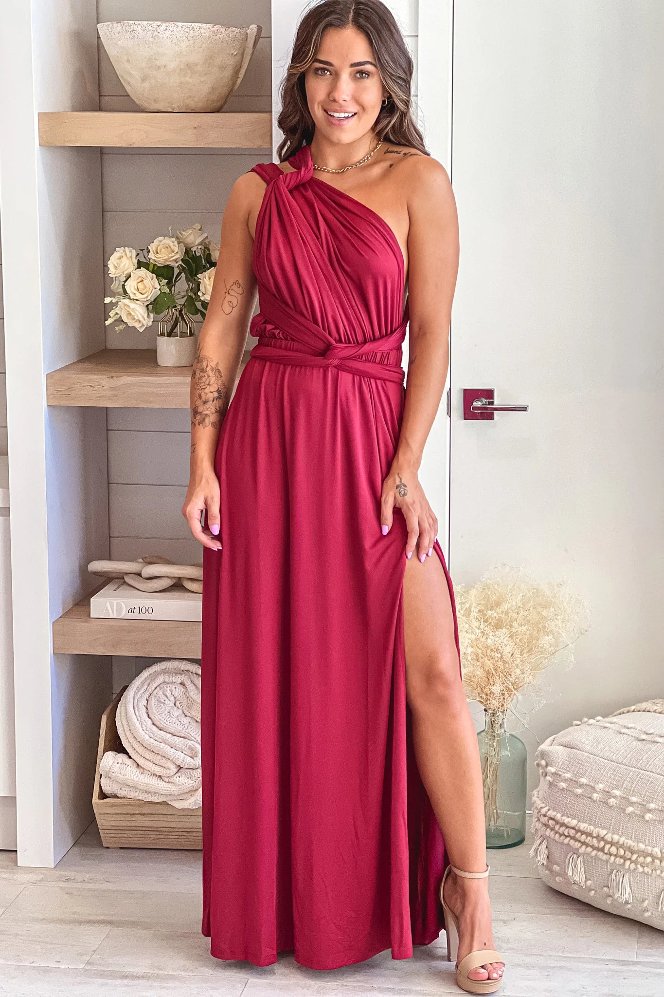 Burgundy Multi Tie Maxi Dress With Slit