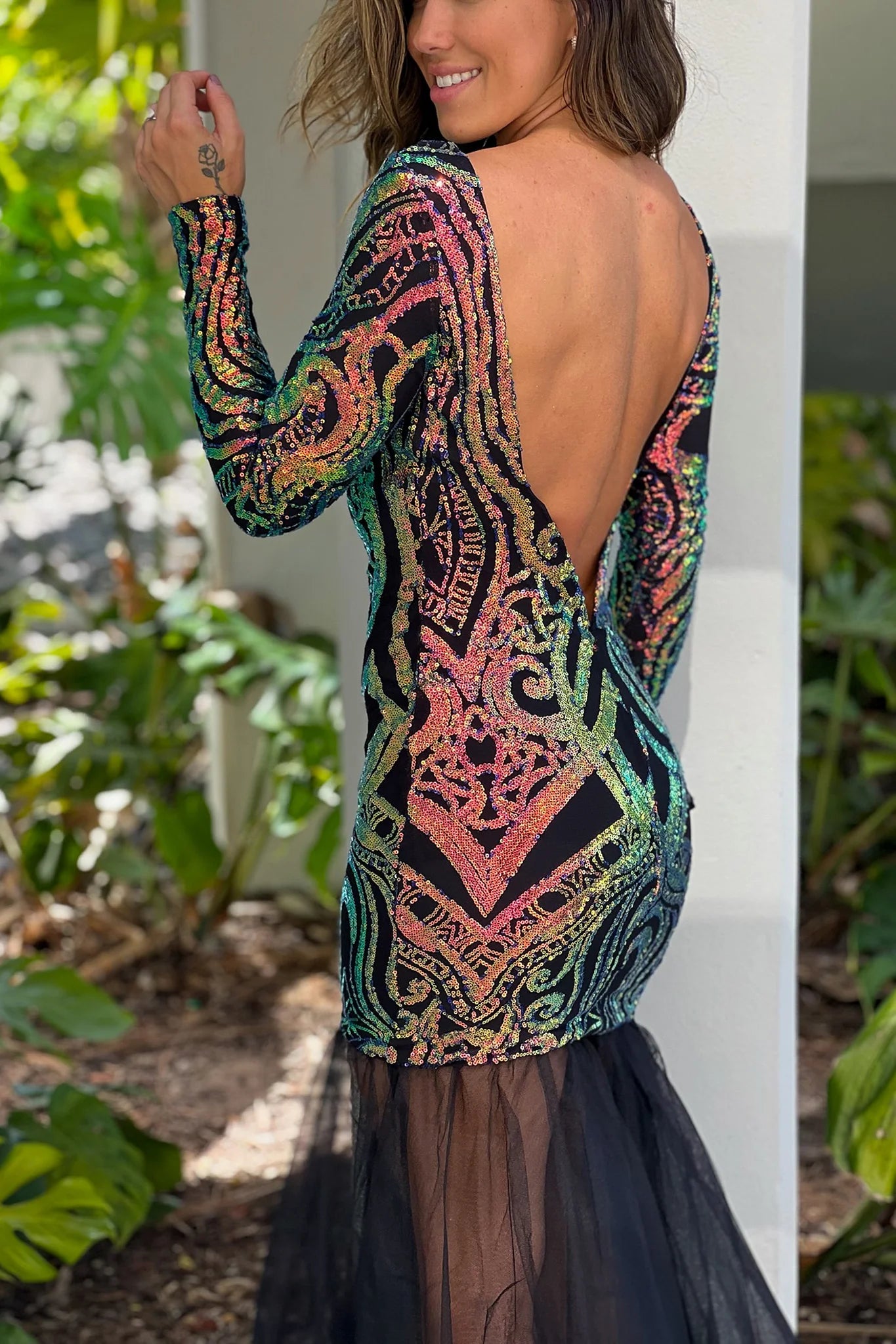 Black Sequin And Tulle Mermaid Maxi Dress