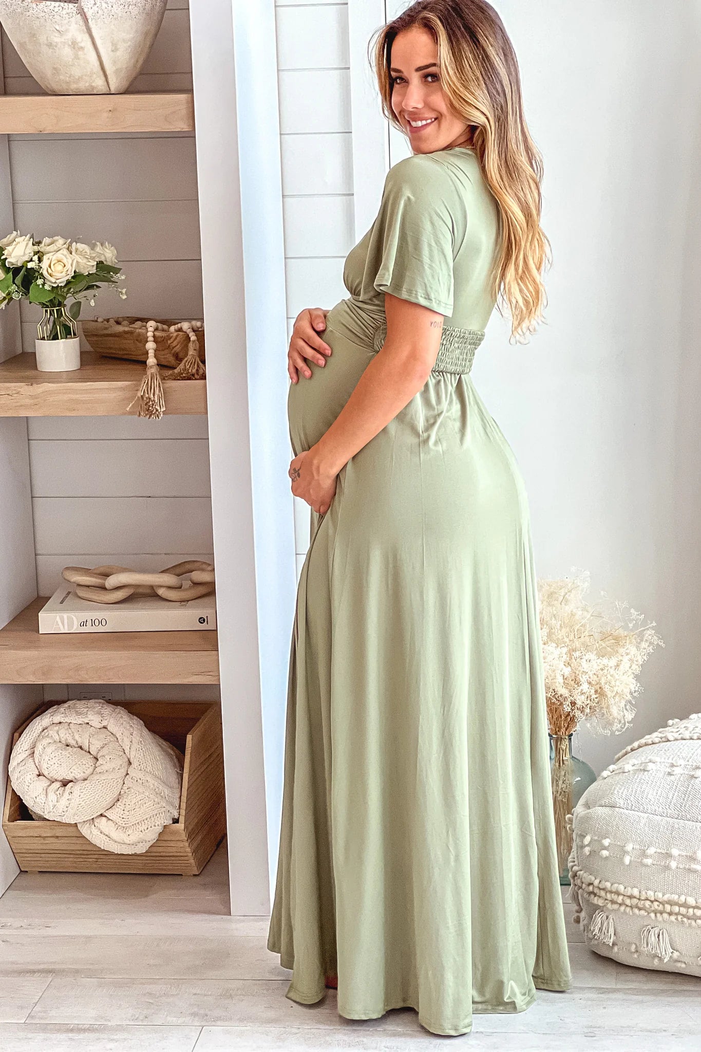 Olive Maternity Maxi Dress with Slit and Short Sleeves