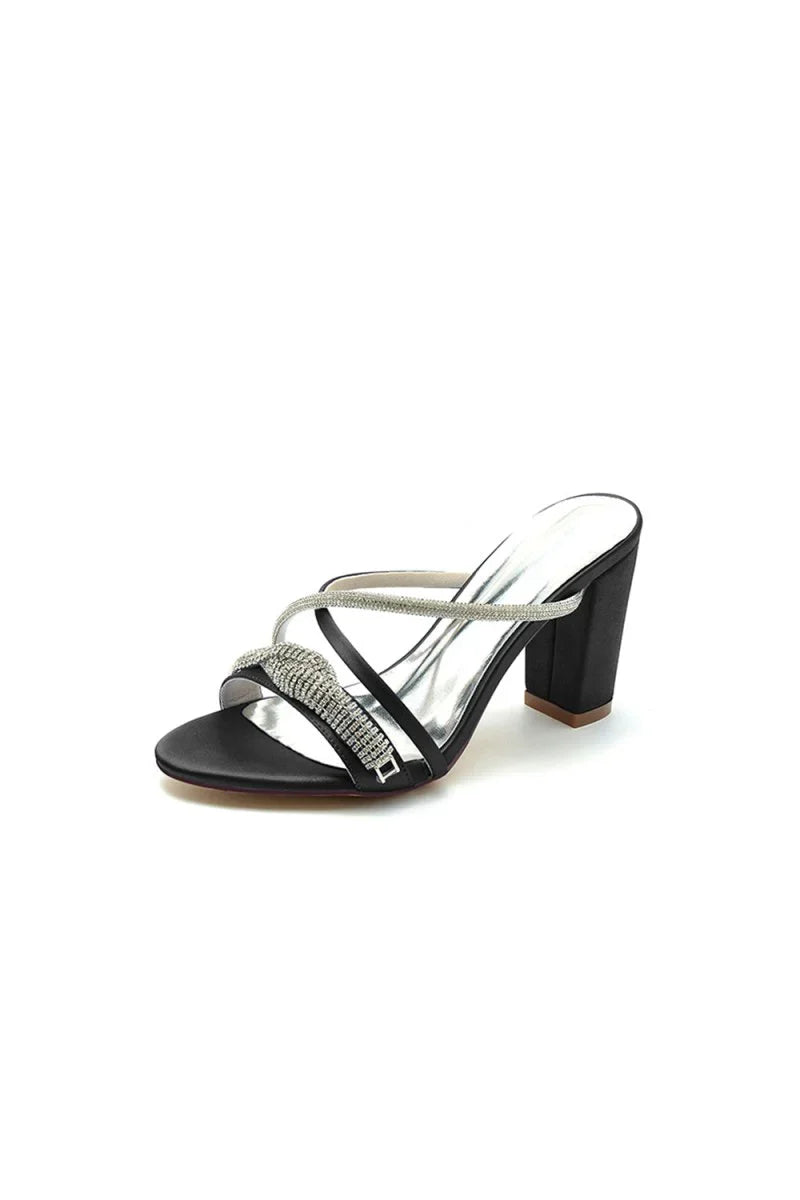 Open Toe Block Heels with Rhinestone