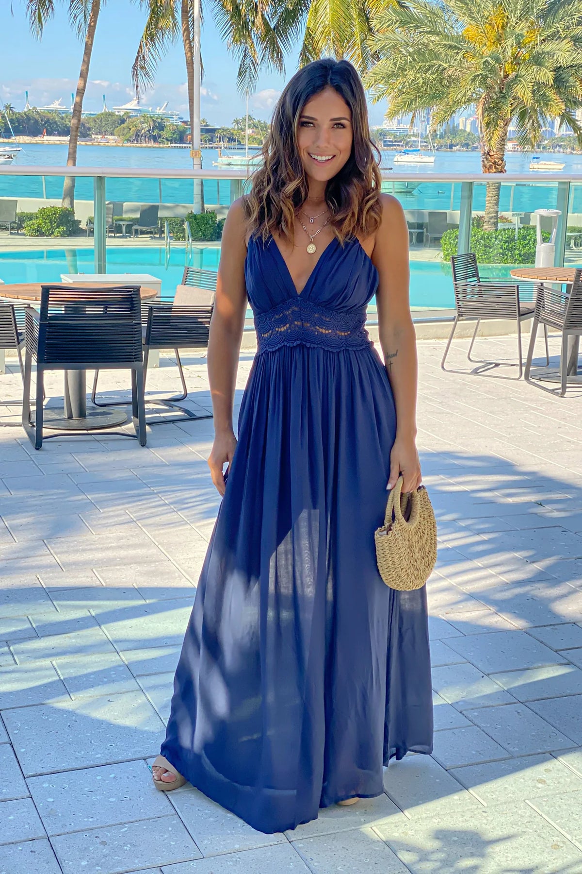 Navy Maxi Dress With Crochet Trim