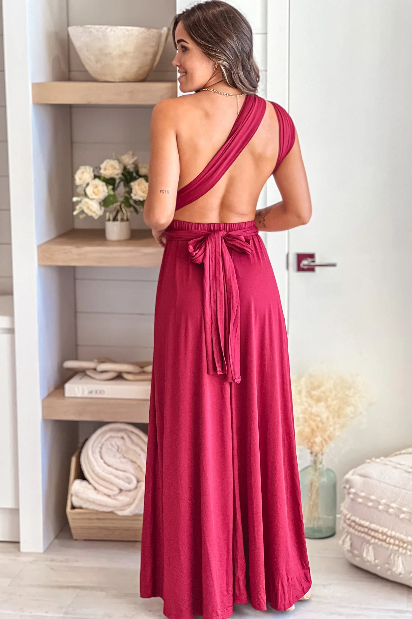 Burgundy Multi Tie Maxi Dress With Slit