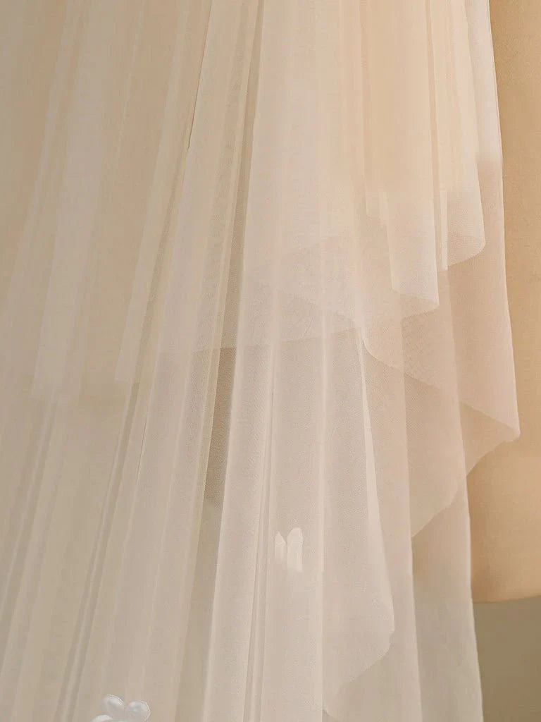 Ombre Champagne Floral Lace Ivory Cathedral Veil with Blusher Bridal Veil Wedding Veil