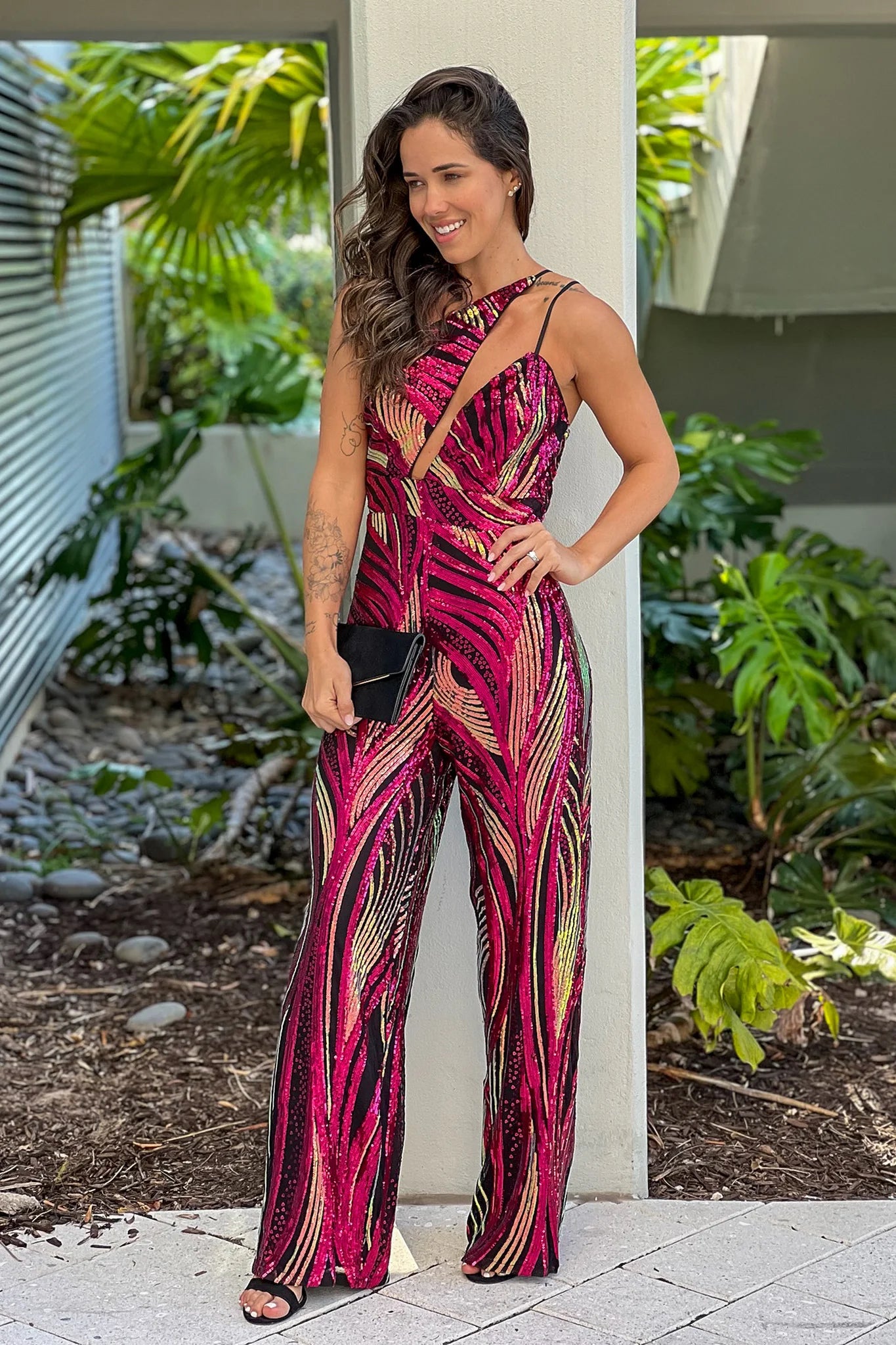 Raspberry Sequin Asymmetric Top Jumpsuit