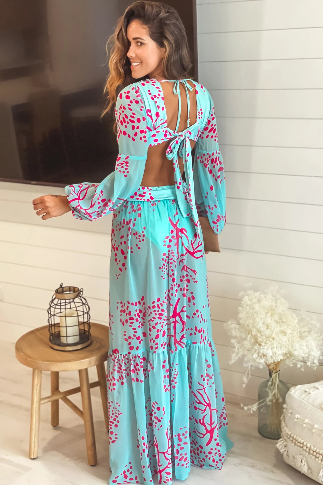 Turquoise And Pink Maxi Dress With Cut Out And Long Sleeves