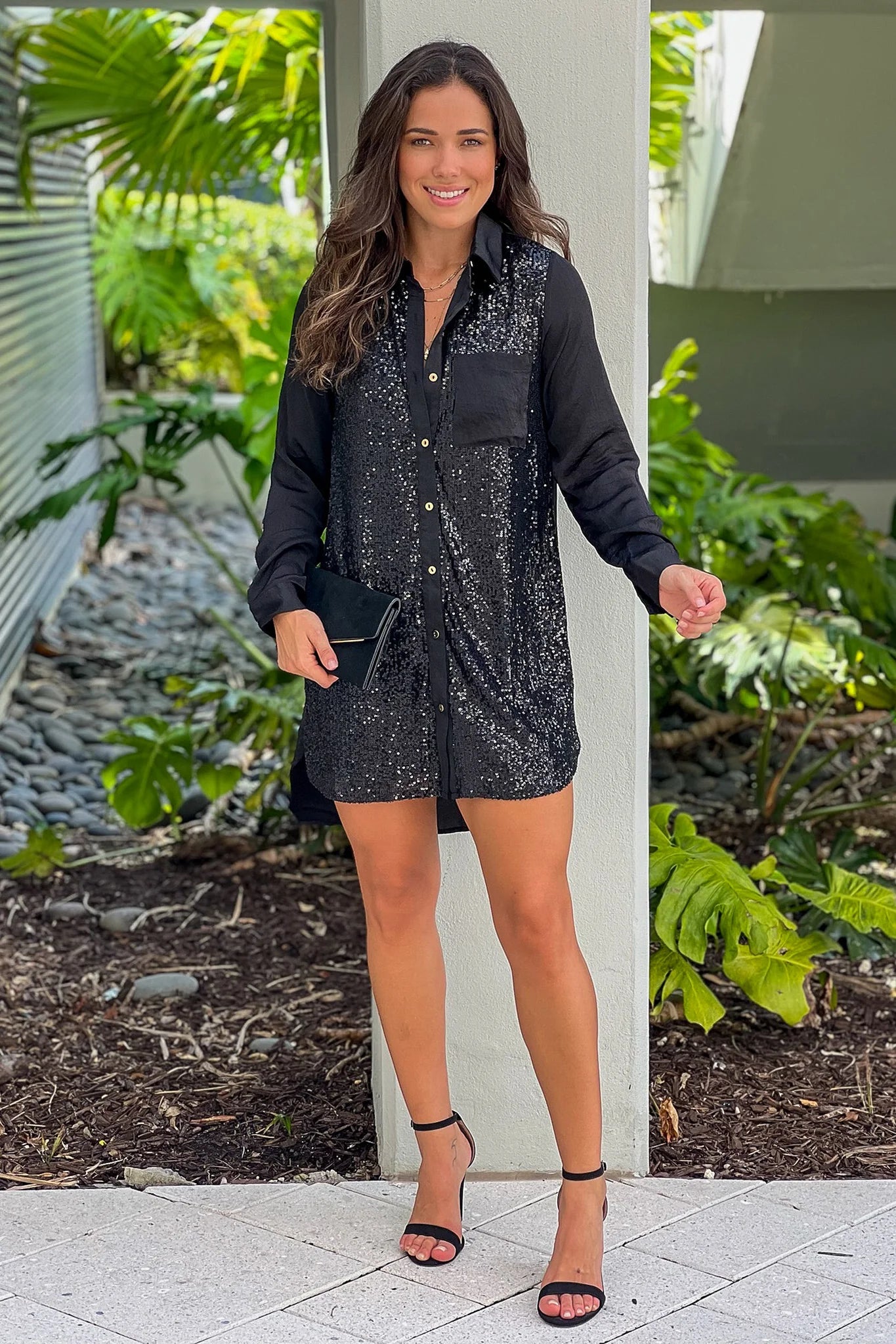 Black Button Down Sequin Shirt Dress