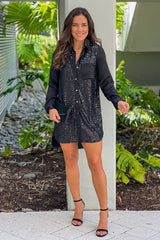Black Button Down Sequin Shirt Dress