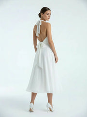 Vintage Tea Length Chiffon Wedding Dress With Halter Neck and Bow