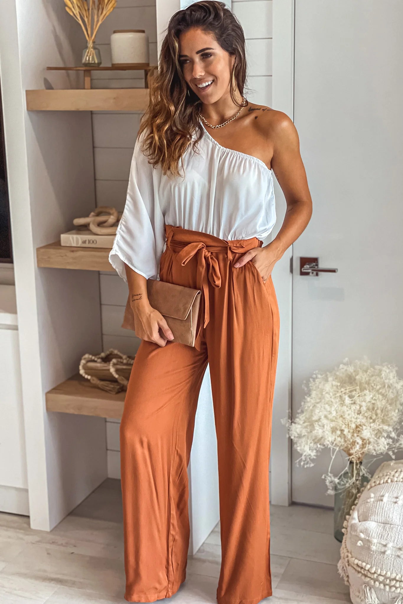 White And Camel One Shoulder Jumpsuit With Pockets