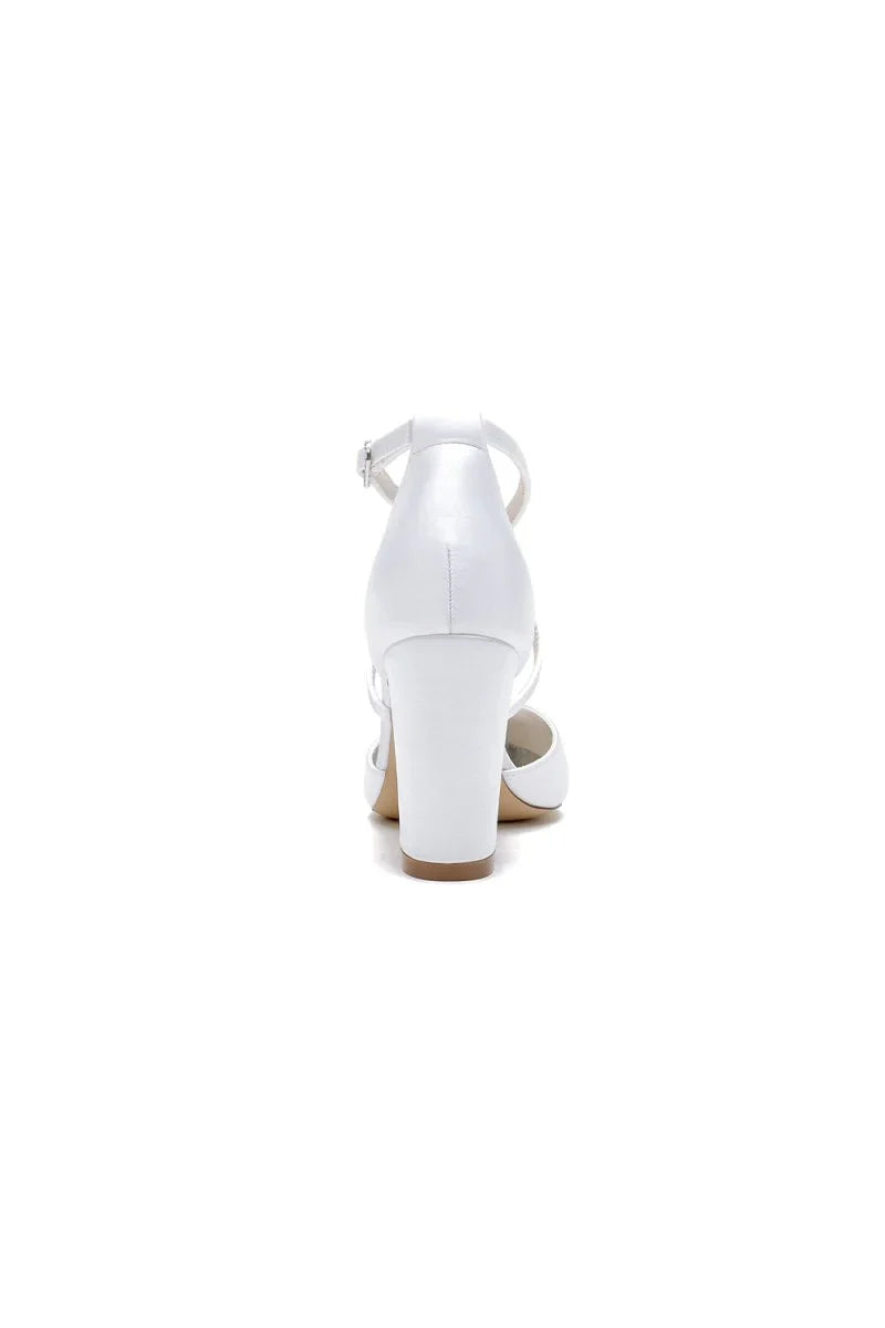 Pointed Toe Ivory Chunky Heels with Lace