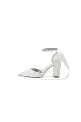 Rhinestone Ribbon Pointed Toe Ankle Strap Chunky Heel