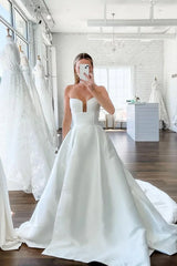 A Line V Neck Satin Wedding Dresses with Detachable Straps