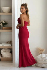 Red Scalloped Sweetheart Maxi Dress With Slit