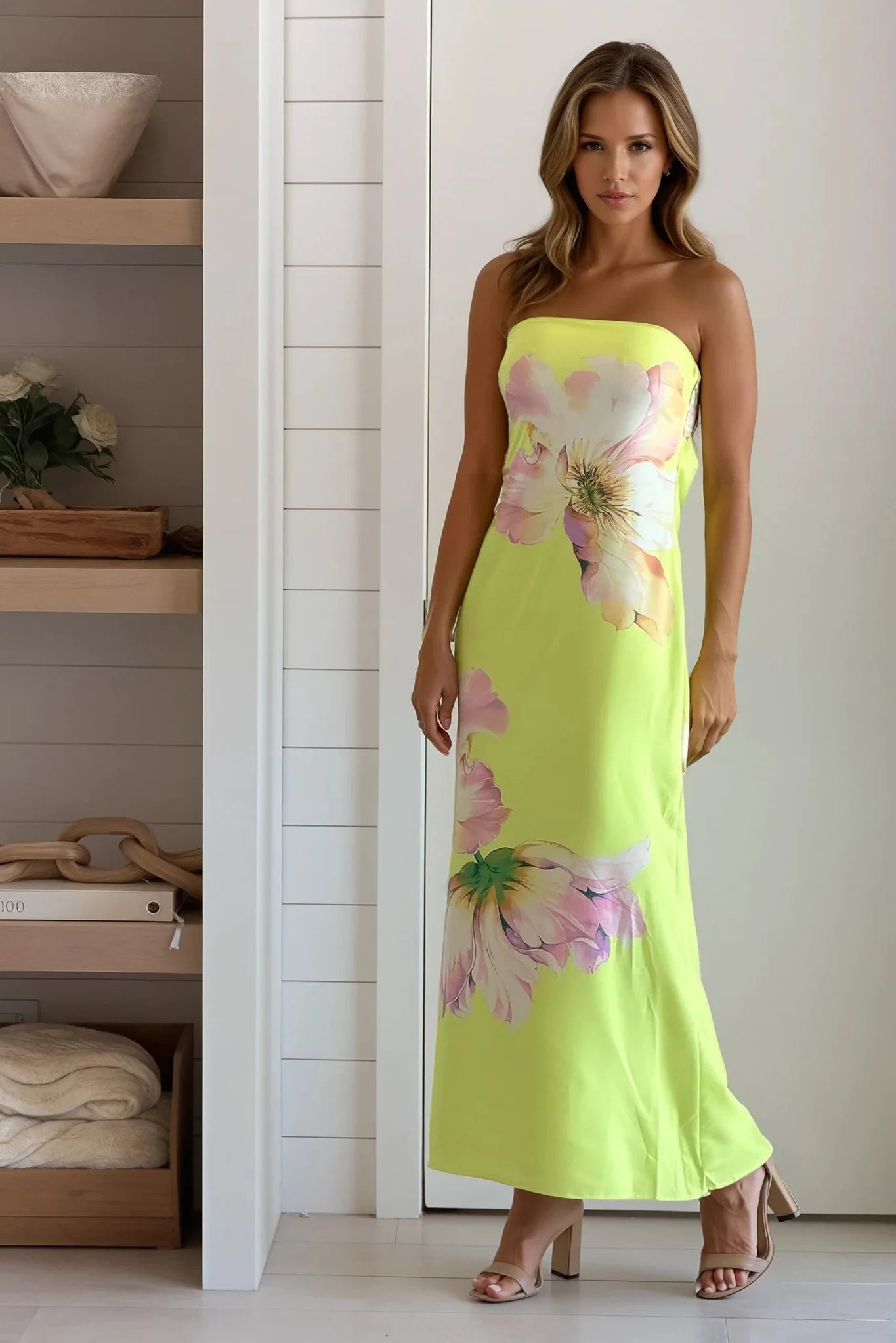 Lime Green Floral Cowl Back Dress
