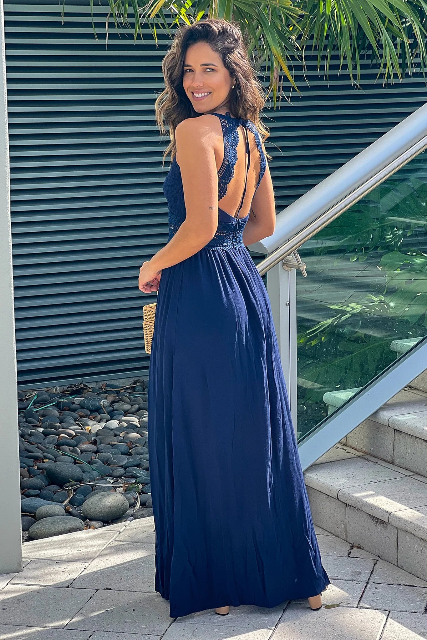 Navy Maxi Dress With Smocked Top And Crochet Detail