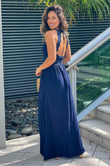 Navy Maxi Dress With Smocked Top And Crochet Detail