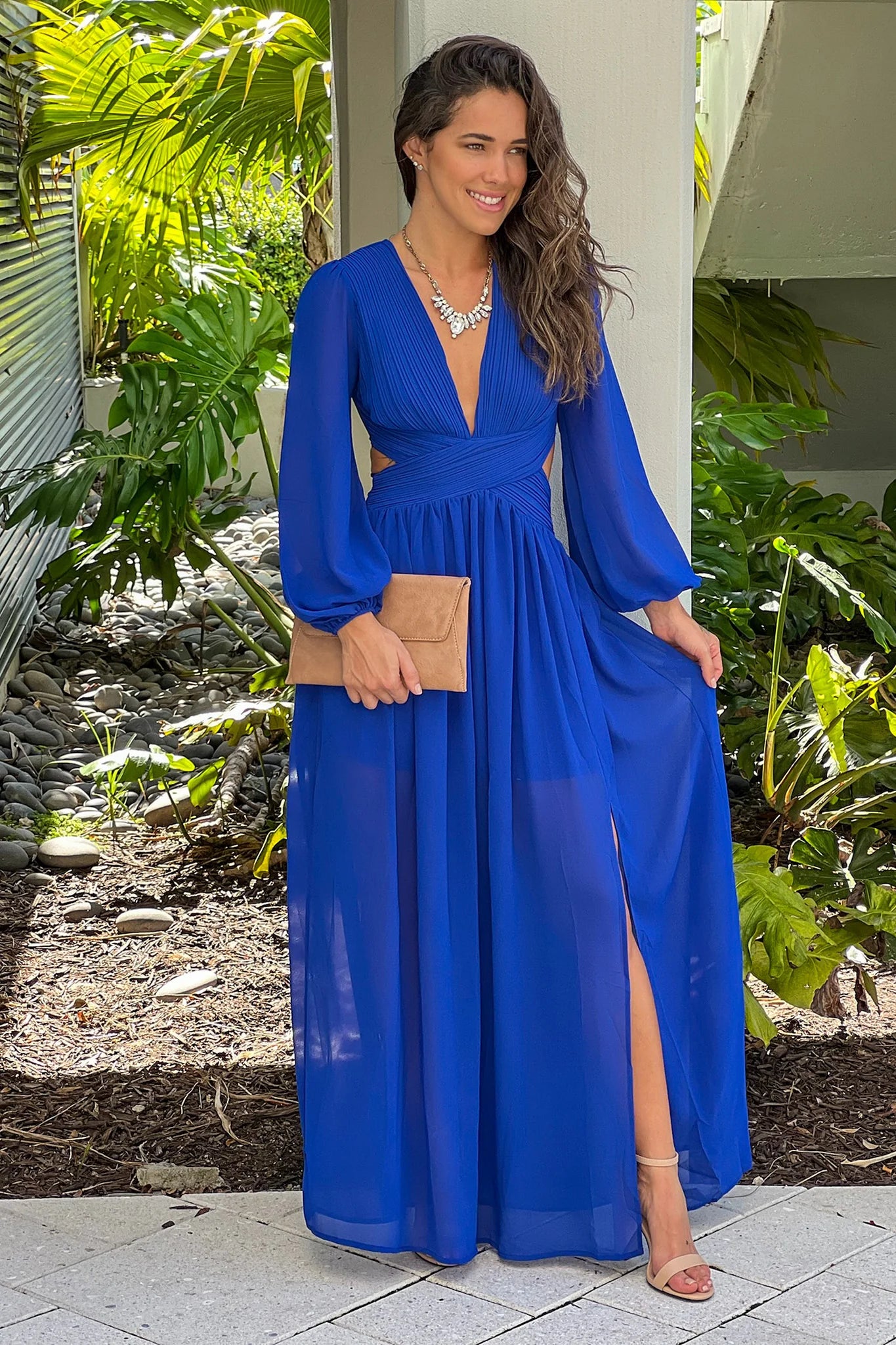 Royal Blue Pleated V Neck Maxi Dress