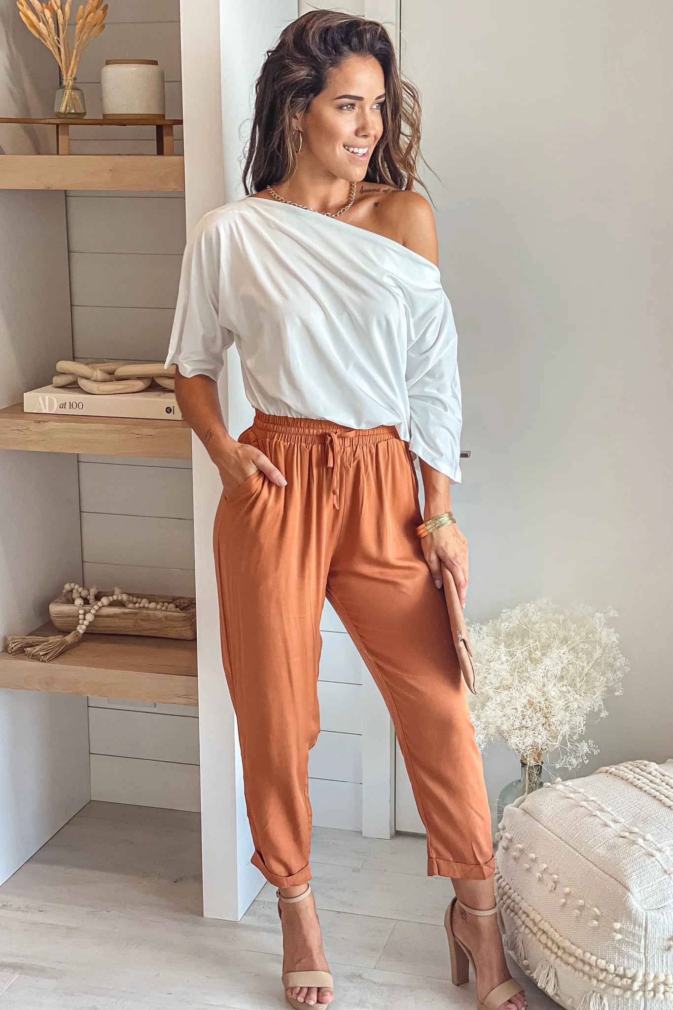 White And Camel One Shoulder Jumpsuit