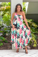 Black And Green Satin One Shoulder Midi Dress