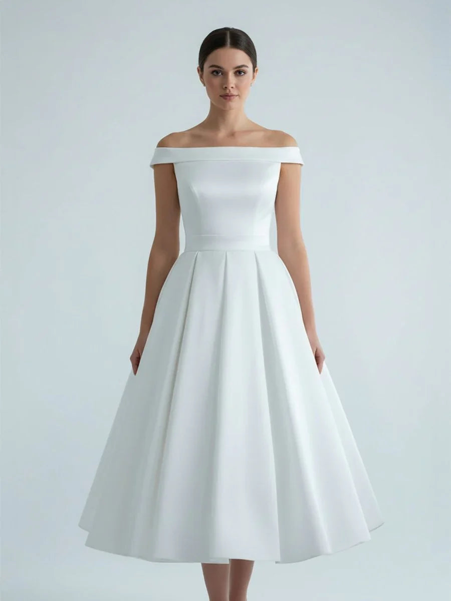 Sleeveless Tea Length Satin Wedding Dress With Sash And Off The Shoulder Neck