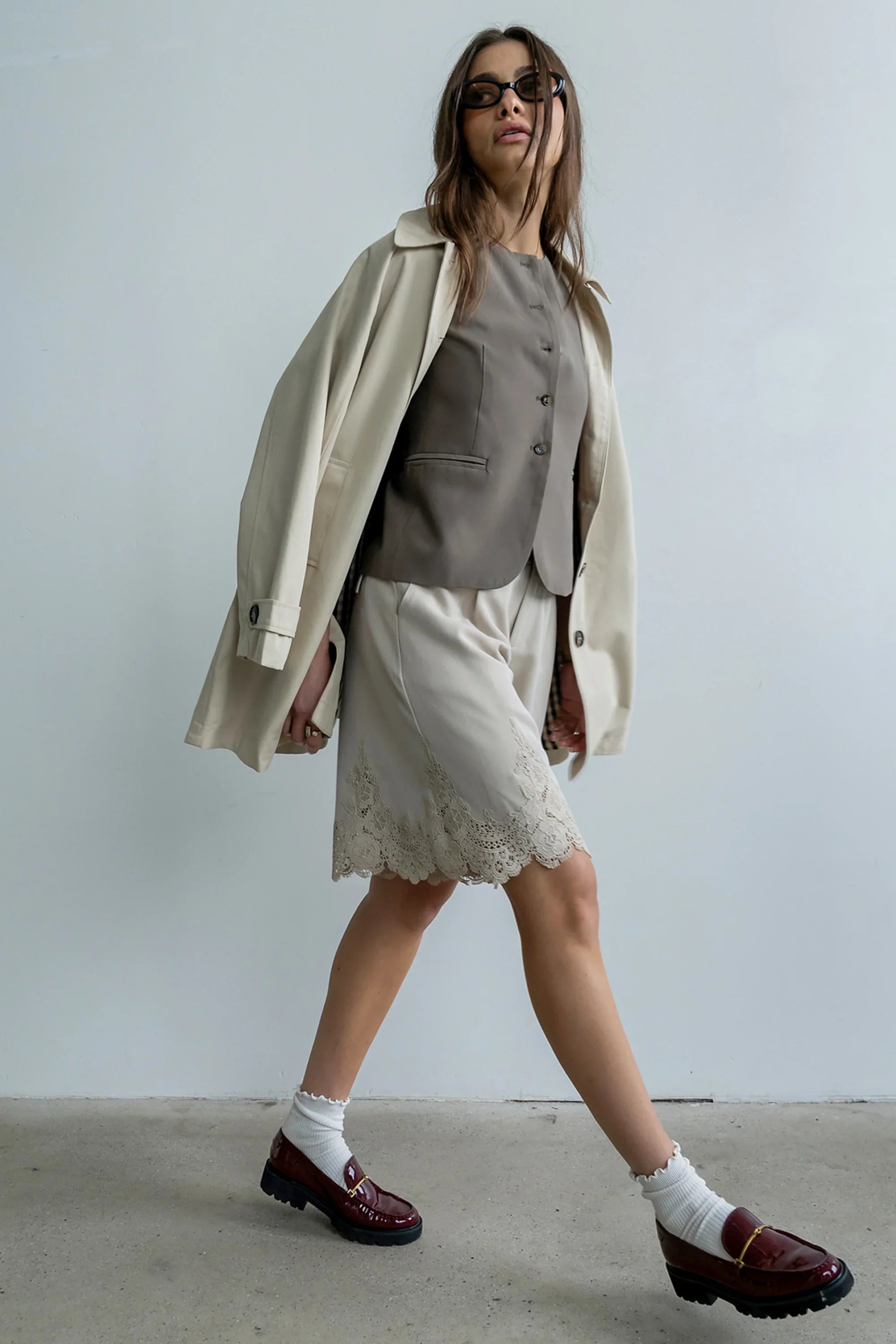 Mazie Lace Trim Shorts in Tan