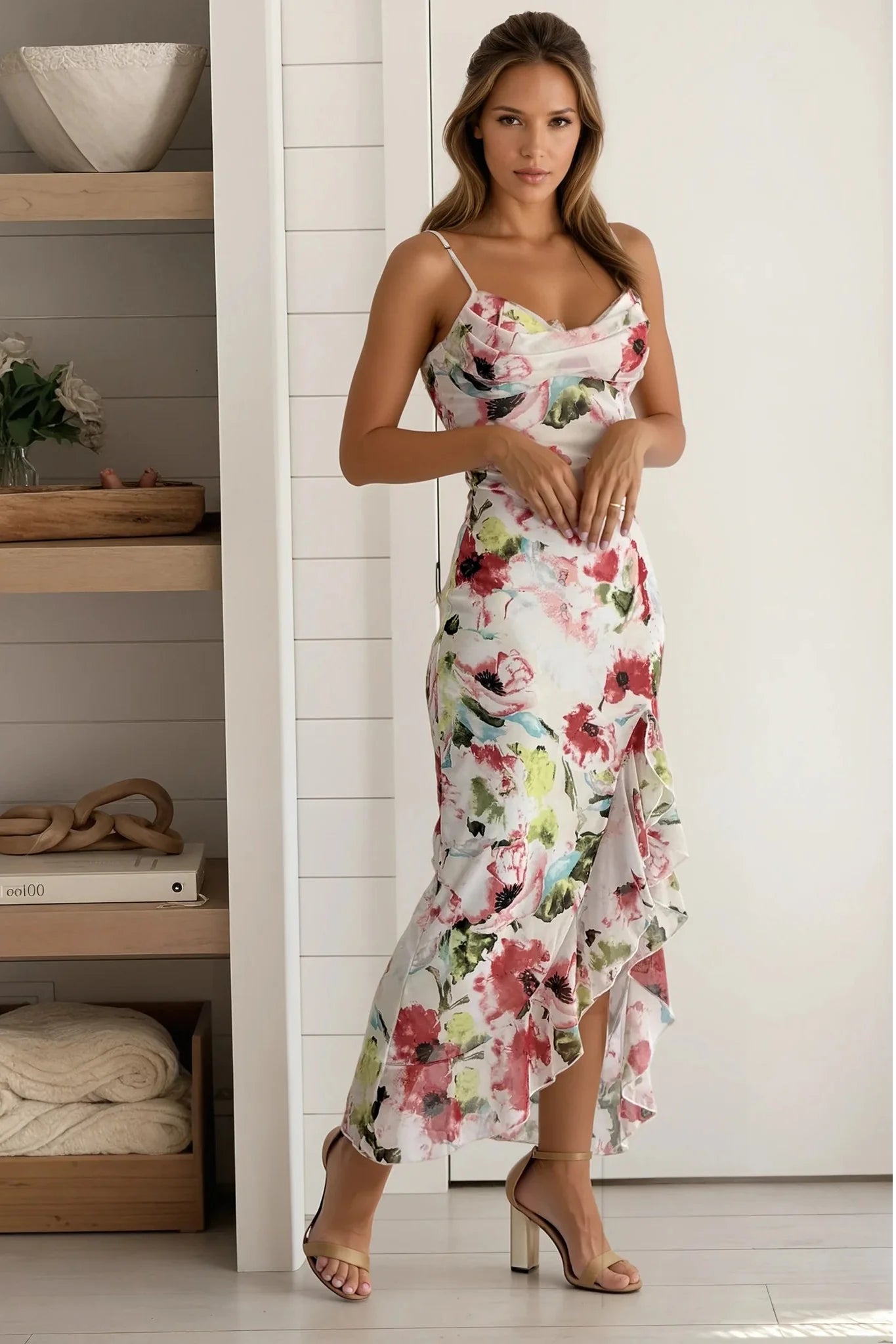 Ivory Floral Mesh Ruffled Dress
