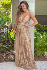 Rose Gold Sequin Maxi Dress With Gold Detail