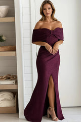 Maroon Glitter Bow Front Off Shoulder Maxi Dress