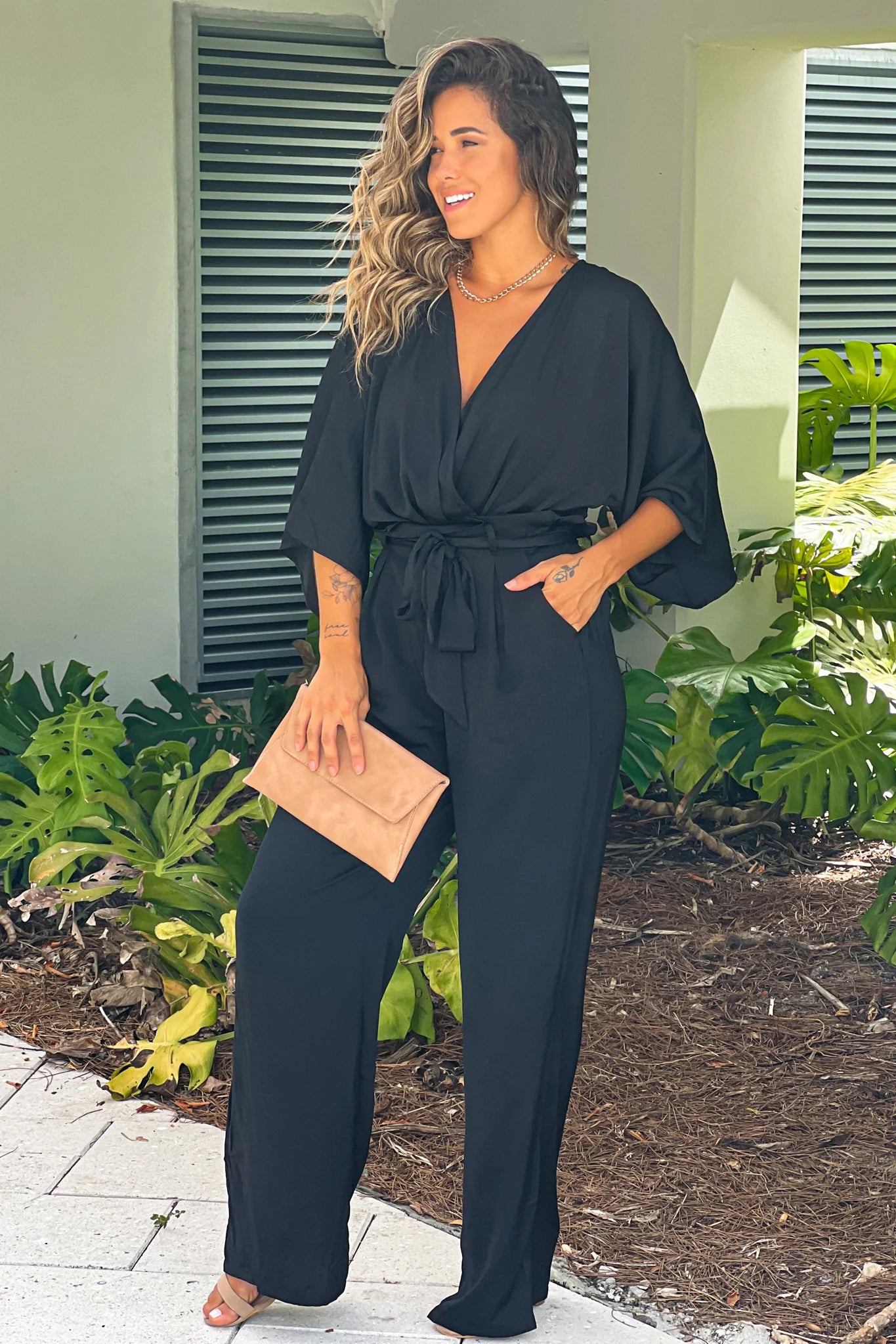 Black Satin V Neck Jumpsuit With Pockets