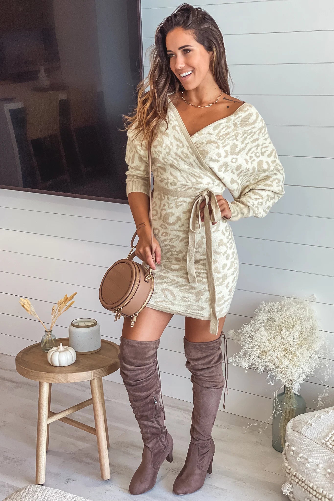 Cream Leopard Print Dolman Sleeves Sweater Dress